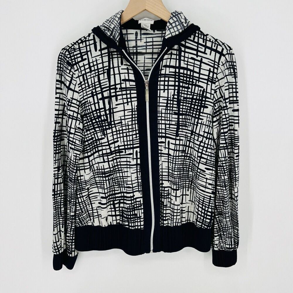 Chico’s Hooded Knit Jacket Size Medium Blue White Lightweight